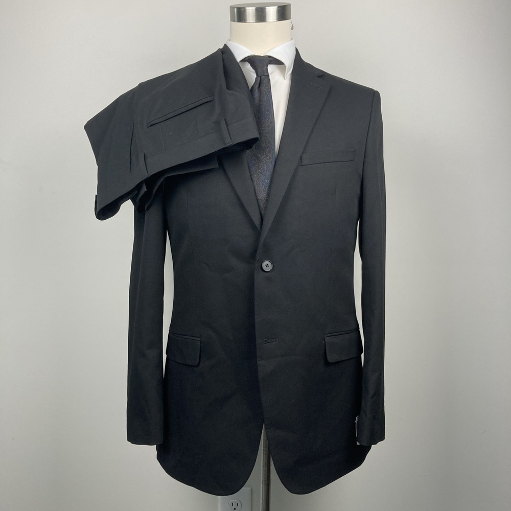 DKNY Mens Modern fit 2-pc Suit 40L 33W 32L Black Solid Stretch